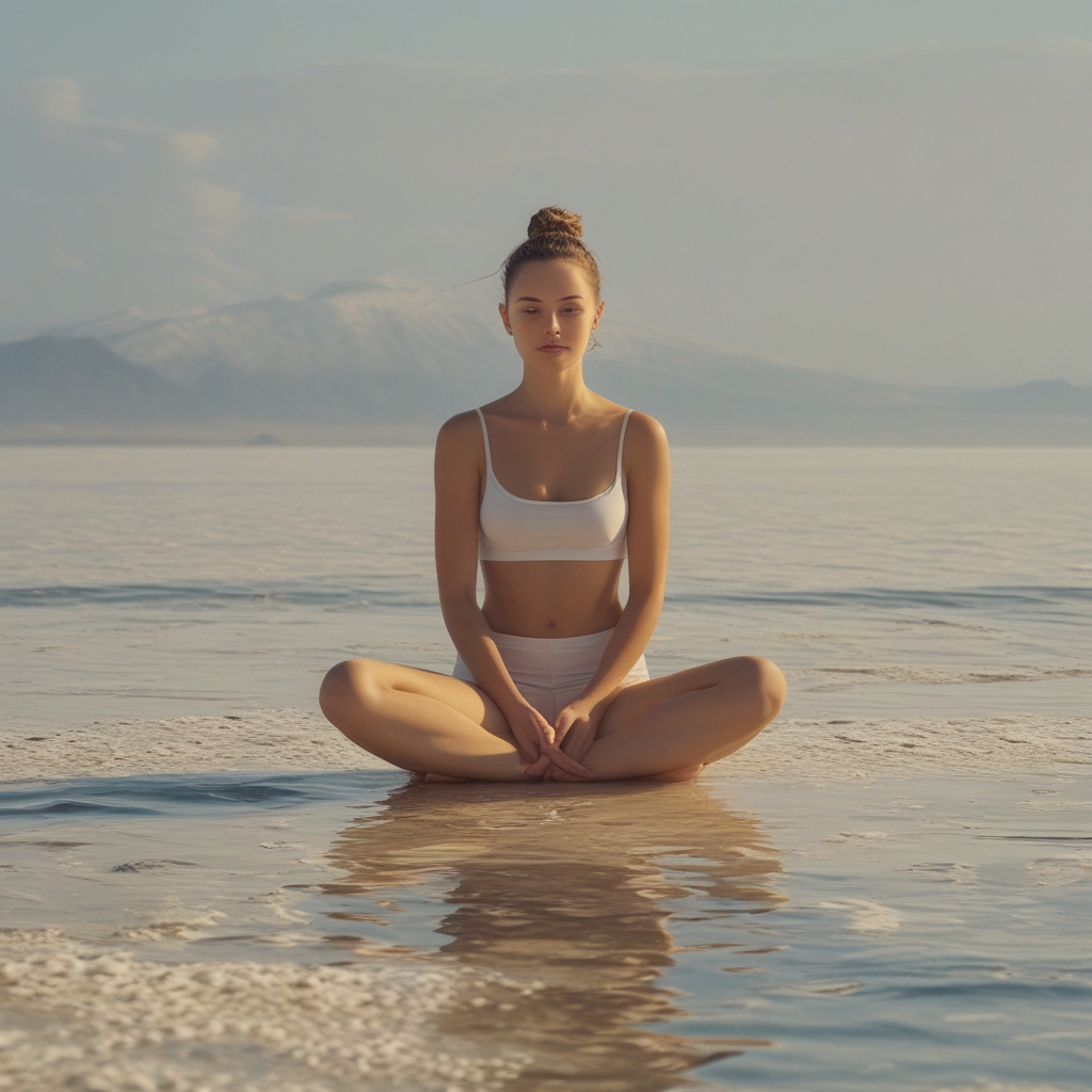 Osoba stojąca na jednej nodze w pozie równowagi na drewnianym pomoście nad spokojną wodą o świcie, delikatna mgła, naturalne otoczenie