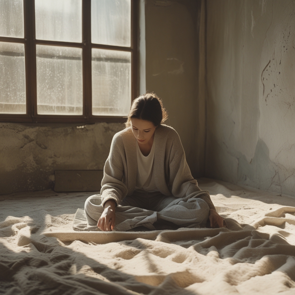 Osoba w spokojnej pozie rozciągania na drewnianej podłodze w jasnym, minimalistycznym studiu z dużymi oknami i naturalnym światłem wpadającym z boku