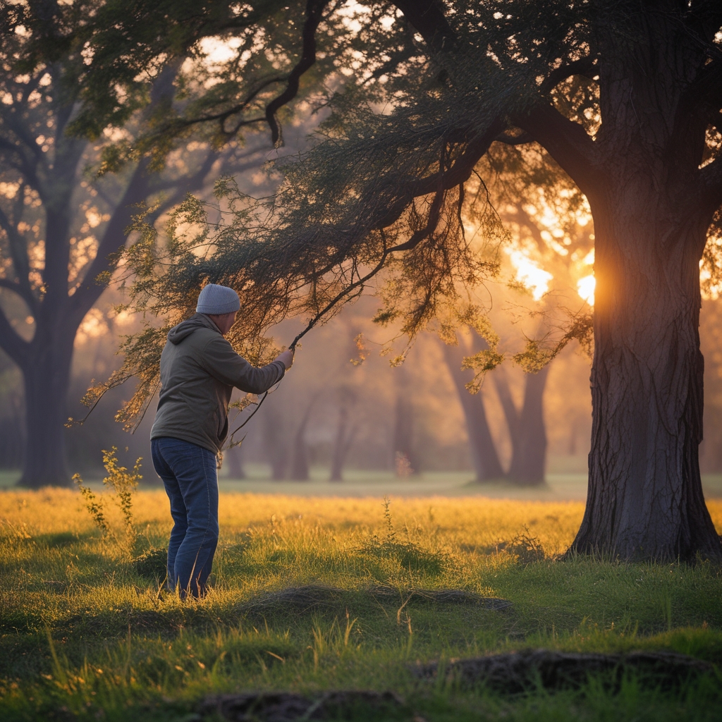 Osoba wykonująca delikatne rozciąganie ramion na świeżym powietrzu w parku, otoczona drzewami, naturalne poranne światło, spokojne ujęcie z odległości